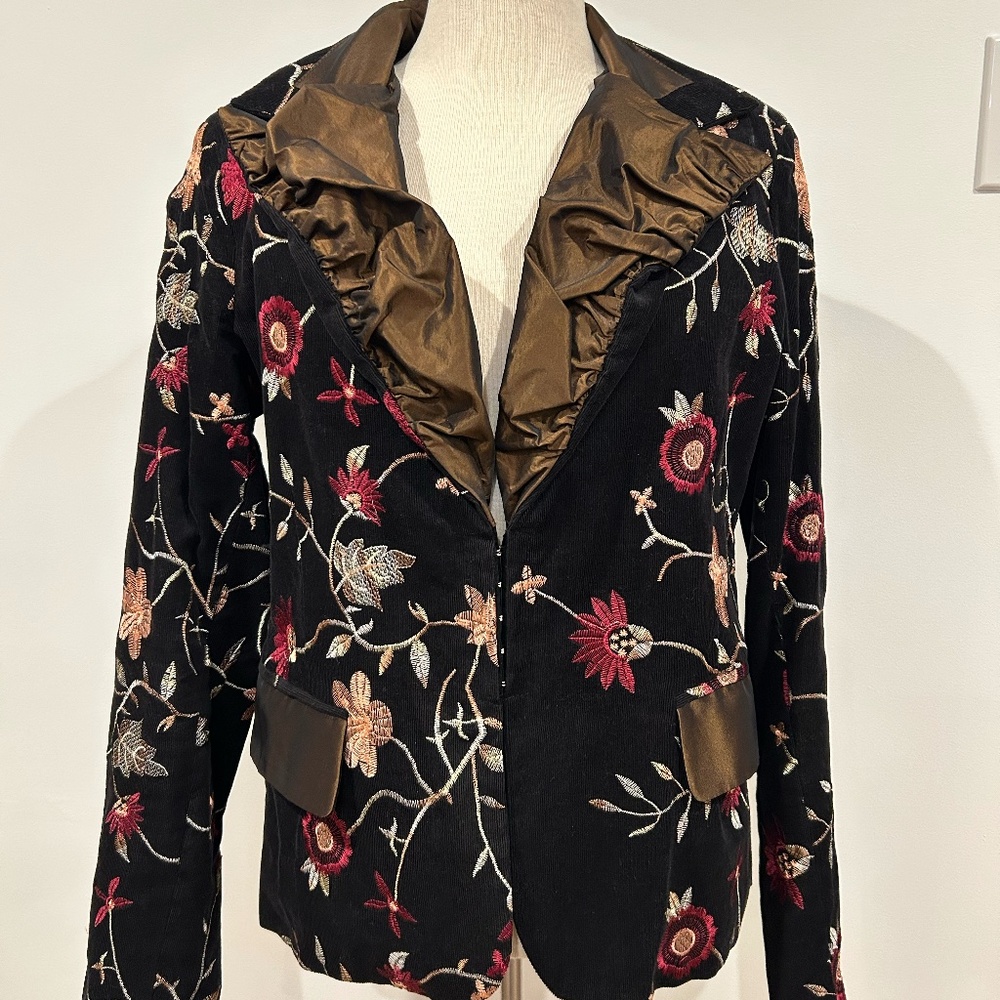 Italian Black Jacket with Embroidered Details and Taffeta Trim by Rinascimento